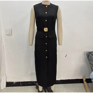 Elegant Sleeveless Belted Mid - Calf Dress - Diva Melody