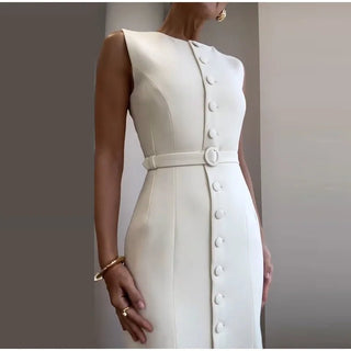 Elegant Sleeveless Belted Mid - Calf Dress - Diva Melody