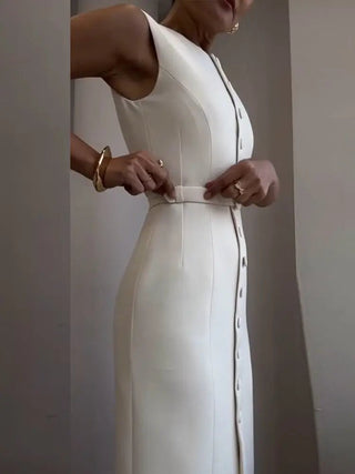 Elegant Sleeveless Belted Mid - Calf Dress - Diva Melody