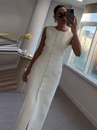 Elegant Sleeveless Belted Mid - Calf Dress - Diva Melody