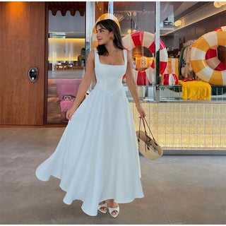 Elegant Square Neck A - Line Long Dress - Diva Melody