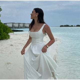 Elegant Square Neck A - Line Long Dress - Diva Melody