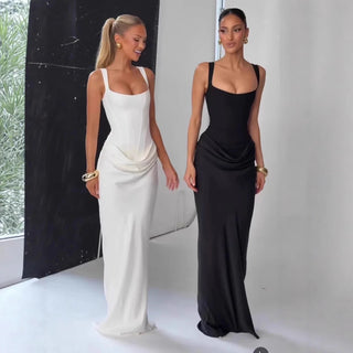 Elegant Square Neck Lace-Up Corset Maxi Dress - Diva Melody