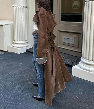 Elegant Suede Leather Windbreaker Coat - Diva Melody