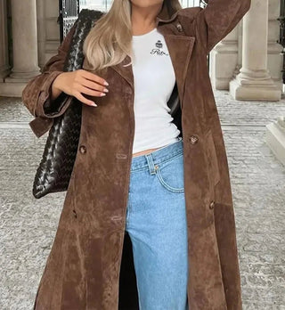 Elegant Suede Leather Windbreaker Coat - Diva Melody