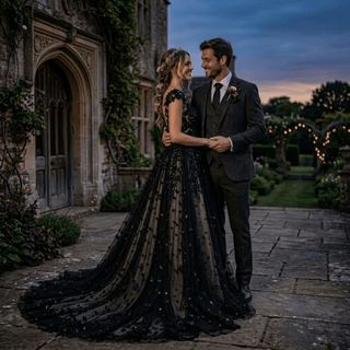 Elegant Whimsical Black Lace Wedding Dress - Diva Melody
