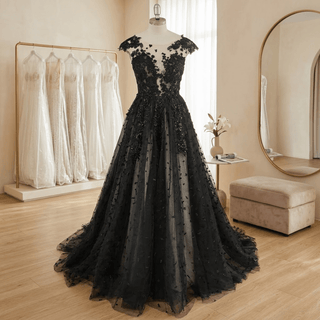 Elegant Whimsical Black Lace Wedding Dress - Diva Melody