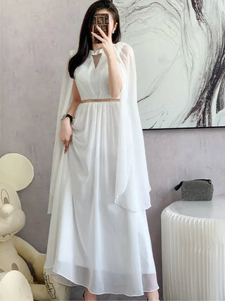 Elegant White Bohemian Ankle - Length Chiffon Dress - Diva Melody