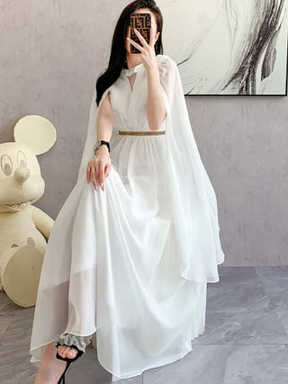 Elegant White Bohemian Ankle - Length Chiffon Dress - Diva Melody