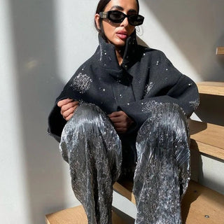 Embroidered Beaded Wool Blend Coat - Diva Melody