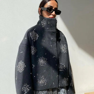 Embroidered Beaded Wool Blend Coat - Diva Melody