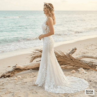 Embroidered V - Neck Bridal Gown - Diva Melody