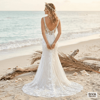 Embroidered V - Neck Bridal Gown - Diva Melody