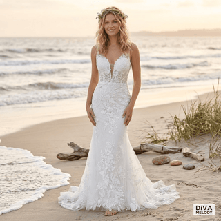 Embroidered V - Neck Bridal Gown - Diva Melody