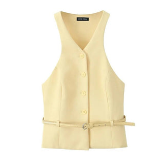 Fashion Yellow V - Neck Belted Skirt Set - Diva Melody