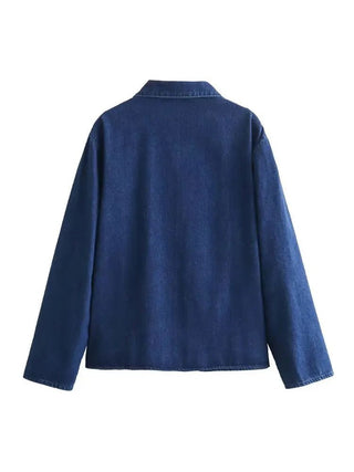 Fashionable Lace - Up Denim Blouse with Pockets - Diva Melody