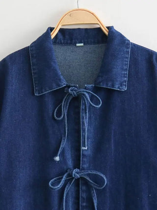 Fashionable Lace - Up Denim Blouse with Pockets - Diva Melody
