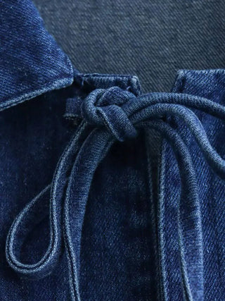 Fashionable Lace - Up Denim Blouse with Pockets - Diva Melody