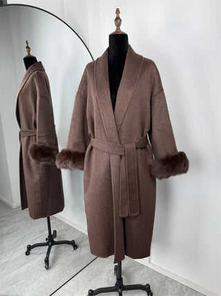 Faux Fur Cuff Belted Wrap Coat - Diva Melody