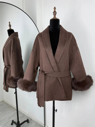 Faux Fur Cuff Belted Wrap Coat - Diva Melody