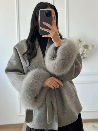 Faux Fur Cuff Belted Wrap Coat - Diva Melody