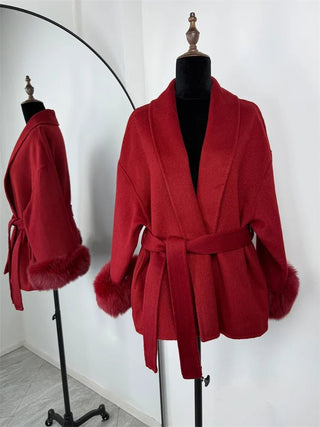 Faux Fur Cuff Belted Wrap Coat - Diva Melody
