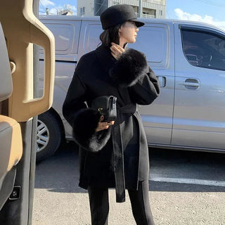 Faux Fur Cuff Belted Wrap Coat - Diva Melody