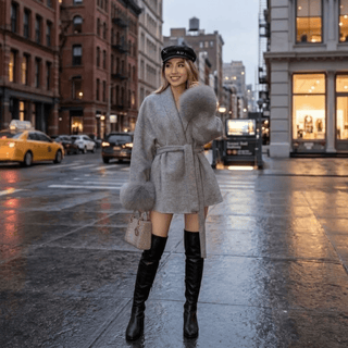 Faux Fur Cuff Belted Wrap Coat - Diva Melody