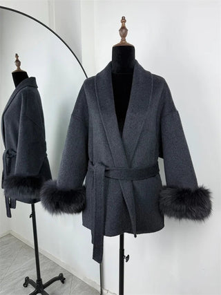 Faux Fur Cuff Belted Wrap Coat - Diva Melody