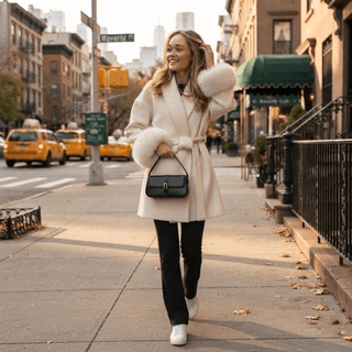 Faux Fur Cuff Belted Wrap Coat - Diva Melody