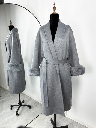 Faux Fur Cuff Belted Wrap Coat - Diva Melody