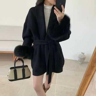 Faux Fur Cuff Belted Wrap Coat - Diva Melody