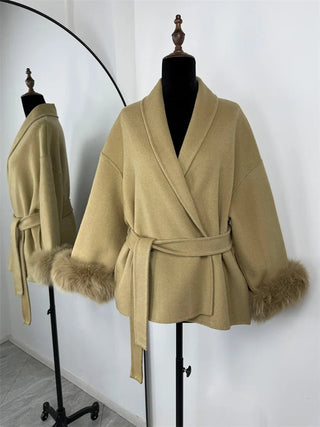 Faux Fur Cuff Belted Wrap Coat - Diva Melody