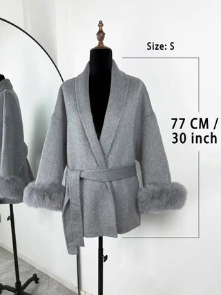 Faux Fur Cuff Belted Wrap Coat - Diva Melody
