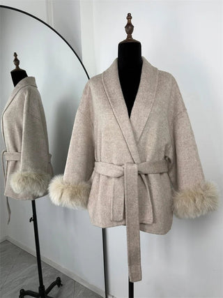 Faux Fur Cuff Belted Wrap Coat - Diva Melody