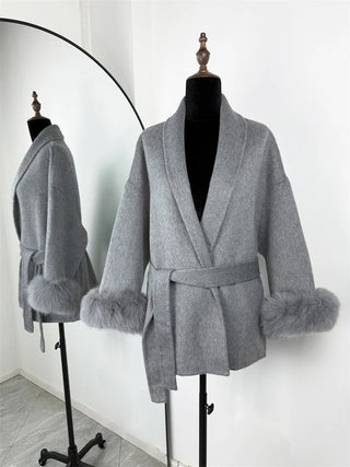 Faux Fur Cuff Belted Wrap Coat - Diva Melody