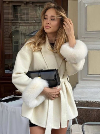 Faux Fur Cuff Belted Wrap Coat - Diva Melody