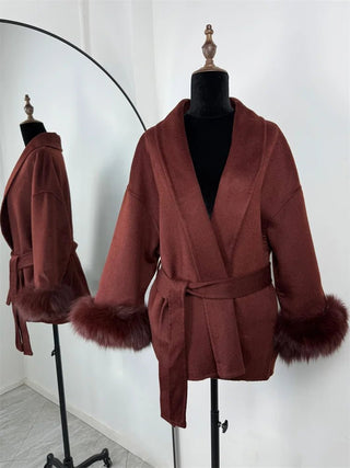 Faux Fur Cuff Belted Wrap Coat - Diva Melody