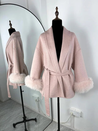 Faux Fur Cuff Belted Wrap Coat - Diva Melody
