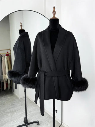 Faux Fur Cuff Belted Wrap Coat - Diva Melody