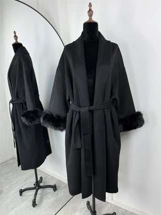 Faux Fur Cuff Belted Wrap Coat - Diva Melody