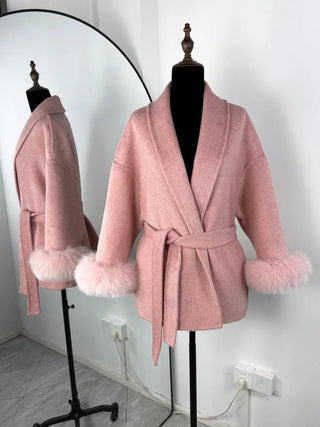 Faux Fur Cuff Belted Wrap Coat - Diva Melody