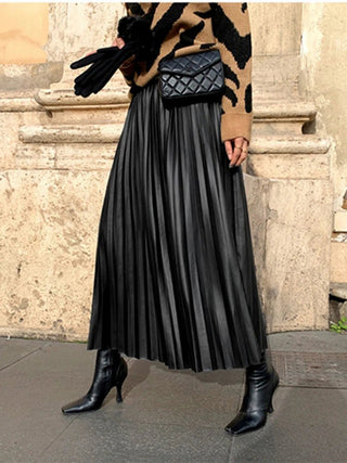 Faux Leather Pleated Long Skirts - Diva Melody