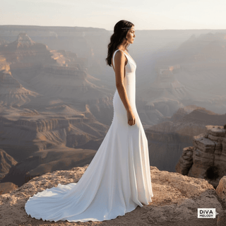 Fitted Crepe V - Neck Wedding Dress with High Split - Diva Melody