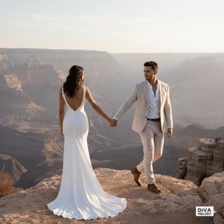 Fitted Crepe V - Neck Wedding Dress with High Split - Diva Melody