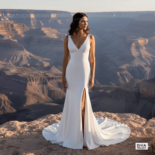 Fitted Crepe V - Neck Wedding Dress with High Split - Diva Melody