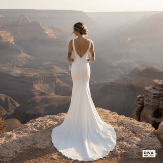 Fitted Crepe V - Neck Wedding Dress with High Split - Diva Melody