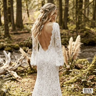 Flare Sleeve Lace Boho Wedding Dress - Diva Melody