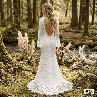 Flare Sleeve Lace Boho Wedding Dress - Diva Melody