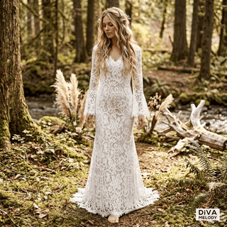 Flare Sleeve Lace Boho Wedding Dress - Diva Melody